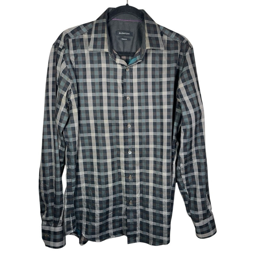 Bugatchi Shaped Fit Shirt Medium Black Check Flip Cuff Button Up Long Sleeve